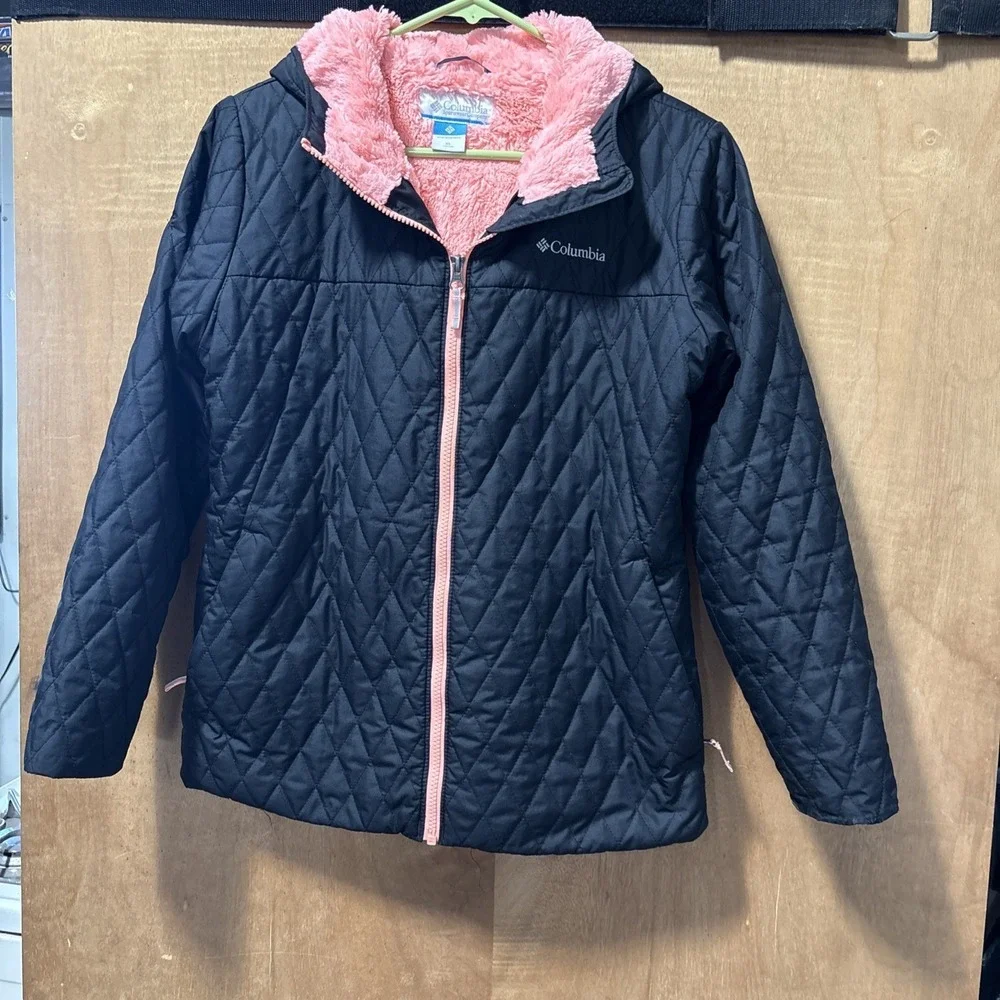 Columbia Girls Youth XL 18-20 Black Full Zip Peach Plush Interior‎ Hooded